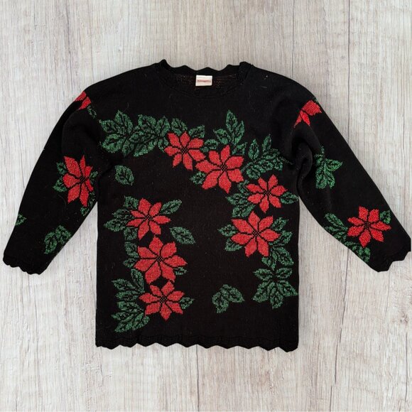 Vintage Holiday Time Black Sparkle Poinsettia Christmas Sweater Womens M Ugly - Picture 1 of 6